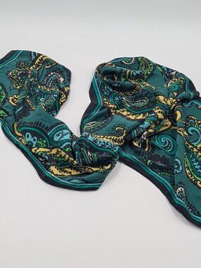 Vintage Anne Klein Silk Paisley Scarf | Black, Blue, Teal, Green, Yellow, Gold